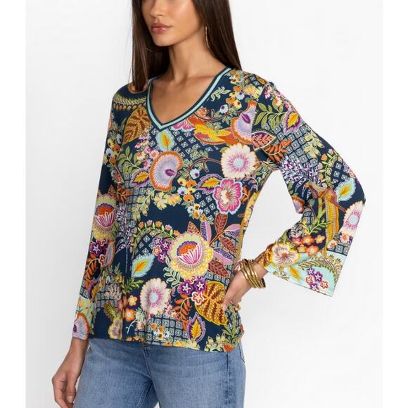 JOHNNY WAS Janice Favorite V Neck Tee Small Kimono Long Sleeve Top Boho Floral - Picture 9 of 12